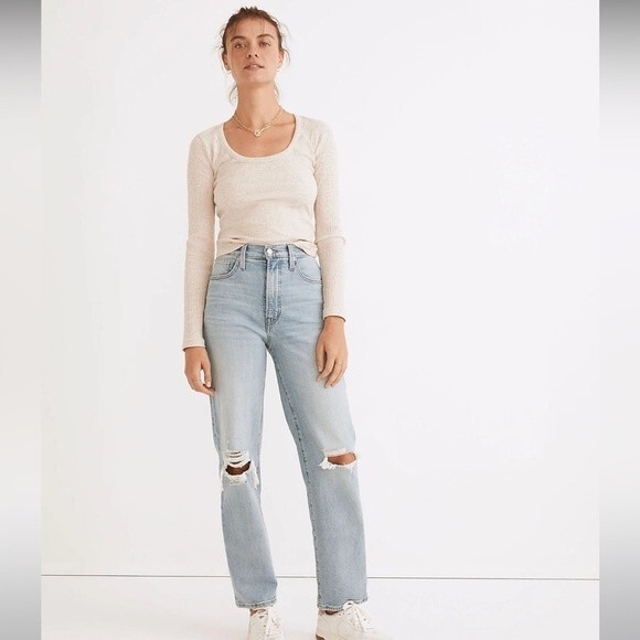 Madewell NWT The Perfect Vintage Straight Jean in Danby Wash Ripped Knee Size 23 - Picture 1 of 11
